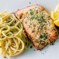 Cedar Plank Salmon · With linguine in a lemon caper cream sauce. Served with fresh seasonal vegetables.
.