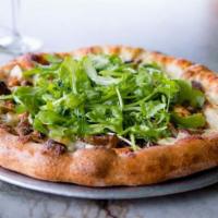 Pear-Gorgonzola-Arugula Pizza · Candied walnuts, caramelized onions, dates, sliced pears, blue cheese crumbles, mozzarella, ...