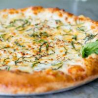 Five Cheese Pizza · Gouda, feta, mozzarella, Parmesan and ricotta cheeses, fresh garlic and basil, with roasted ...