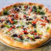 Greek Pizza · Spinach, broccoli, feta cheese, sun-dried tomatoes, Greek olives, mixed bell peppers and her...