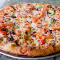 Goat Cheese Pizza · Bacon, red onions, sun-dried tomatoes, sweet peppers, sliced tomatoes, goat cheese and roast...