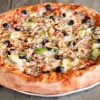 Vegetarian Pizza · Tomato sauce, mozzarella, parm oregano mix, green bell peppers, black olives, mushrooms, oni...