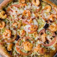Gluten-Free Shrimp Pesto Seafood Pizza · Seasoned Shrimp, fresh tomatoes, sun-dried tomatoes, mozzarella, and pesto sauce.