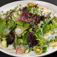 Small Side Salad · Mixed greens, cherry tomato, cucumber, radish, pickled red onion, honey roasted almonds, yuz...
