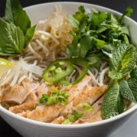 Grilled Chicken Pho · Beef broth, Tender grilled chicken thigh, vegetables and herbs. Gluten free. Dairy free.