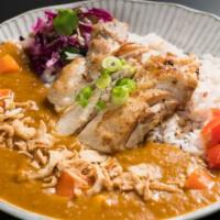 Grilled Chicken Curry · Vegan based Japanese curry, served w/potatoes, chickpeas, chicken, fried shallots, pickles