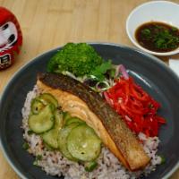 Grilled Salmon Oroshi Ponzu Bowl · served with steamed rice, pickles, slaw, and side of grated daikon, ponzu, scallions