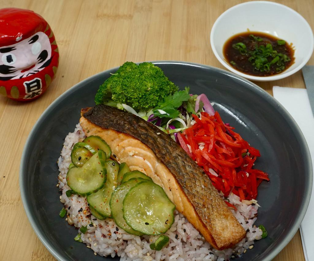 Grilled Salmon Oroshi Ponzu Bowl · served with steamed rice, pickles, slaw, and side of grated daikon, ponzu, scallions