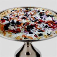 Amalfitano Pizza · Red onion, tomato, Kalamata olives, fresh spinach, roasted red peppers, feta, ricotta cheese...