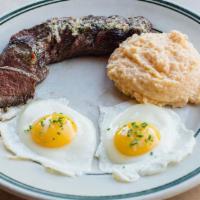 Steak and Eggs · (GS) 8 oz flatiron steak*, 2 eggs*, chimichurri, cheddar grits