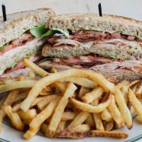 The Club Sandwich · turkey, bacon, cheddar, lettuce, tomato, avocado relish, avocado mayo, hand-cut fries