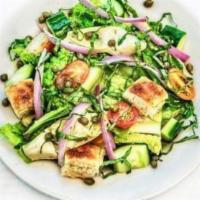 ARTICHOKE PANZANELLA SALAD · classic Tuscan bread salad with artichoke hearts, cucumbers, cherry tomatoes, red onion, rom...