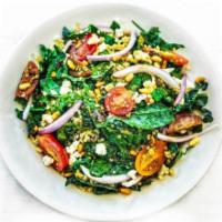 KALE & QUINOA SALAD · with cherry tomatoes, red onions, toasted pine nuts, ricotta salata served with a balsamic s...