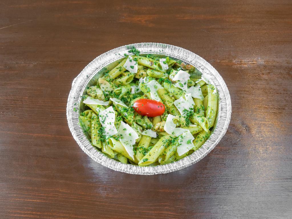 Penne Pesto · Grilled chicken breast, Sauteed mushrooms, Shaved parmesan, Basil pesto sauce over penne pasta.