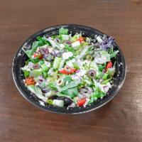 REG Mediterranean Salad · Organic spring mix, Romaine, Cucumber, Kalamata olives, Cherry tomatoes, Shaved red onions, ...