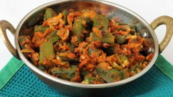 South Indian Kadai Bindi Masala · Okra cooked with bell pepper, onion, and spices.