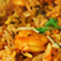 Hyderabadi Shrimp Biryani · Basmati rice cooked with shrimp in the Hyderabadi dum style.