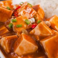 K6. Spicy Tofu · Served with a side salad and white rice.