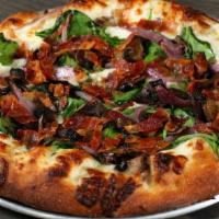 Bacon Spinach Mushroom Pizza · Creamy white sauce, mozzarella, smoked bacon, spinach, mushrooms, roasted red onions.