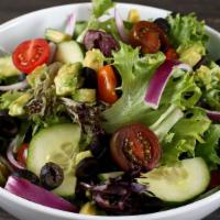 California Salad · Mixed greens, fresh avocado, red onions, crisp cucumber, tomatoes, black olives, with choice...