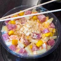 Hawaii Bowl · Shrimp, tuna, mango, pineapple, macadmia nuts and coconut cream. Gluten free.