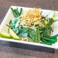 Green on Greens Salad · Herbaceous green goddess dressing tossed with fresh baby spinach, cucumber, red onion, green...