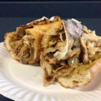 Roast Pork on Garlic Bread Hot Sub · Thinly sliced roasted pork loin with grilled onions and provolone cheese.
