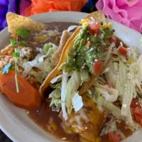 One Taco and One Enchilada Plate · Served with lettuce, tomatoes, cheese, sour cream. Guacamole on tacos only. Served with rice...