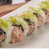 Westbank Roll · Tuna, salmon, yellowtail, snow crab, avocado, asparagus and wasabi tobiko topped with spicy ...