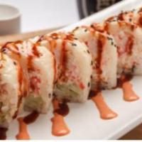 Cajun PoBoy Roll · Soft shell crab, snow crab, tempura shrimp, crawfish, cucumber and soy wrap topped with eel ...