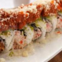 Alligator Roll · Soft shell crab, asparagus, avocado, wasabi tobiko and spicy tuna topped with crunch, eel sa...