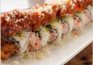 Alligator Roll · Soft shell crab, asparagus, avocado, wasabi tobiko and spicy tuna topped with crunch, eel sauce and spicy mayo. 10 pieces.