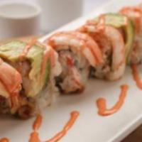 Who Dat Roll · Crawfish and snow crab topped with shrimp, avocado and spicy mayo. 8 pieces.