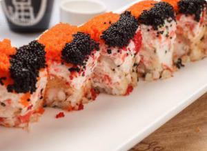 Saints Roll · Tempura shrimp, avocado, crawfish and snow crab topped with a variety of caviar and eel sauce. 8 pieces.