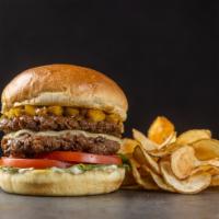 Teriyaki Jalapeno Burger · Two seasoned quarter-pound Angus beef patties stacked with tomato, crisp lettuce, mayo, ECW+...