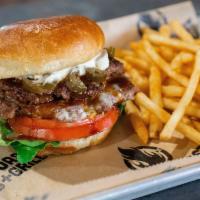 VooDoo Burger · Two seasoned quarter-pound Angus beef patties stacked with VooDoo Ranger BBQ sauce, mayo dic...