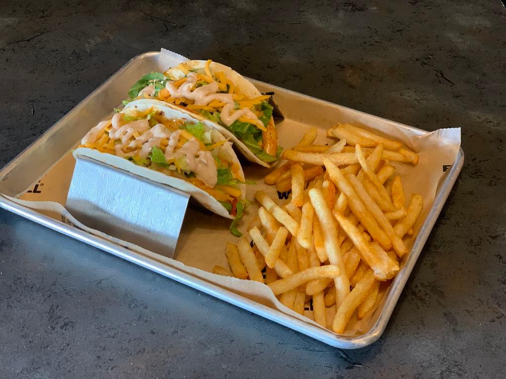 Bang Bang Shrimp Tacos · Two warm soft flour tortillas stuffed with grilled shrimp, tossed in ECW+G Bang Bang sauce, pico de gallo, shredded lettuce, aged shredded cheddar cheese and chipotle sour cream.