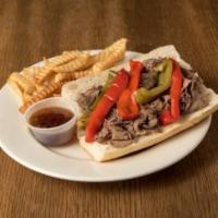 Homemade Italian Beef Sandwich · French bread with au jus or marinara sauce. Served with choice of side.