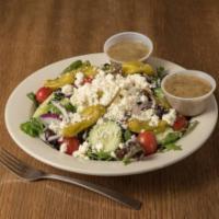 Greek salad · Mixed greens, tomatoes, cucumbers, red onions, kalamata olives, pepperoncinis and feta chees...