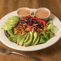 Southwest BBQ Chicken Salad (1/2) · Mixed greens, grilled chicken, avocado, tortilla strips and our fiesta mix of corn, black be...