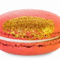 Red Velvet Macaron · French cocoa, cream cheese, glitter. Red velvet biscuits brushed with edible gold glitter fi...