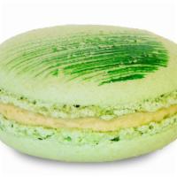 Pistachio Macaron · Pistachio flour, pistachio butter, fleur de sel. Pistachio flour biscuit with hand painted g...