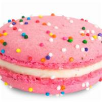 Circus Animal Macaron · Rainbow sprinkles, white chocolate, magic. Circus animal cookie pink biscuits with rainbow s...