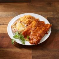 2 Enchiladas Combination · Served with beans and rice and choice of beef, chicken or cheese.