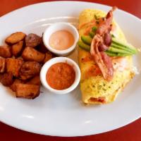 Bacon Omelet · Comes with eggs or egg whites, tomato, sausage, bacon, and cheese.