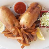 MaFisa Fish and Chips · Served with coleslaw, tartar sauce, signature sauce and side of fries.