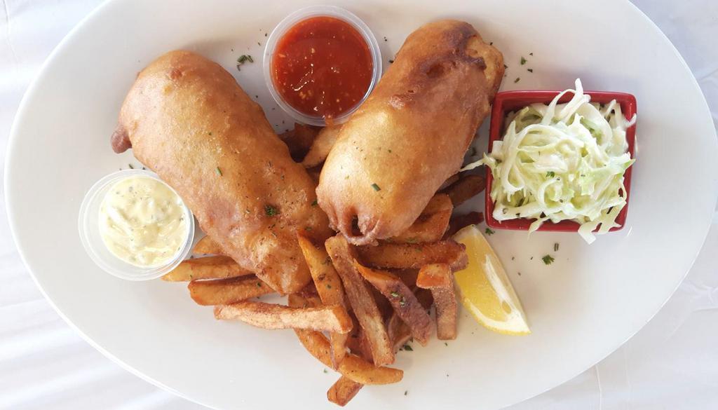 MaFisa Fish and Chips · Served with coleslaw, tartar sauce, signature sauce and side of fries.