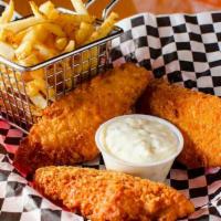 Fish & Chips · Three Alaskan cod fillets served with French fries and tartar sauce.