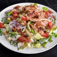 Grilled Chicken Avocado Salad · Romaine lettuce, tomato, red onion, bacon and avocado with chipotle ranch dressing served on...