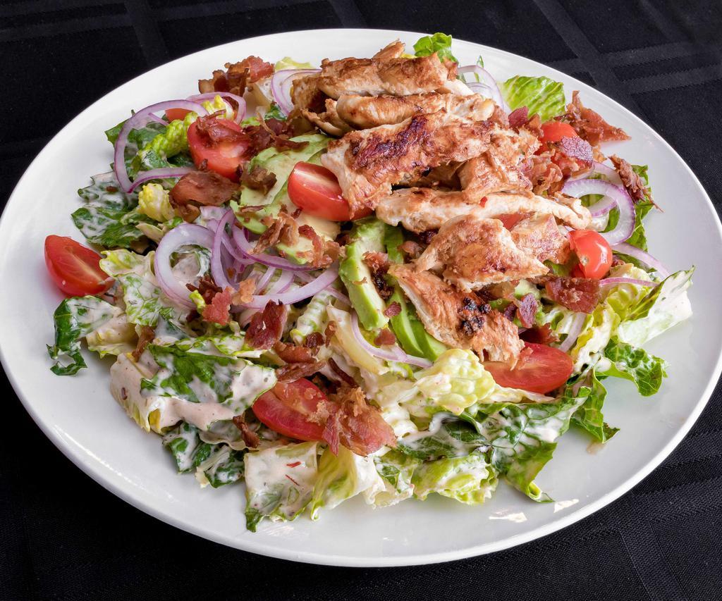 Grilled Chicken Avocado Salad · Romaine lettuce, tomato, red onion, bacon and avocado with chipotle ranch dressing served on the side.